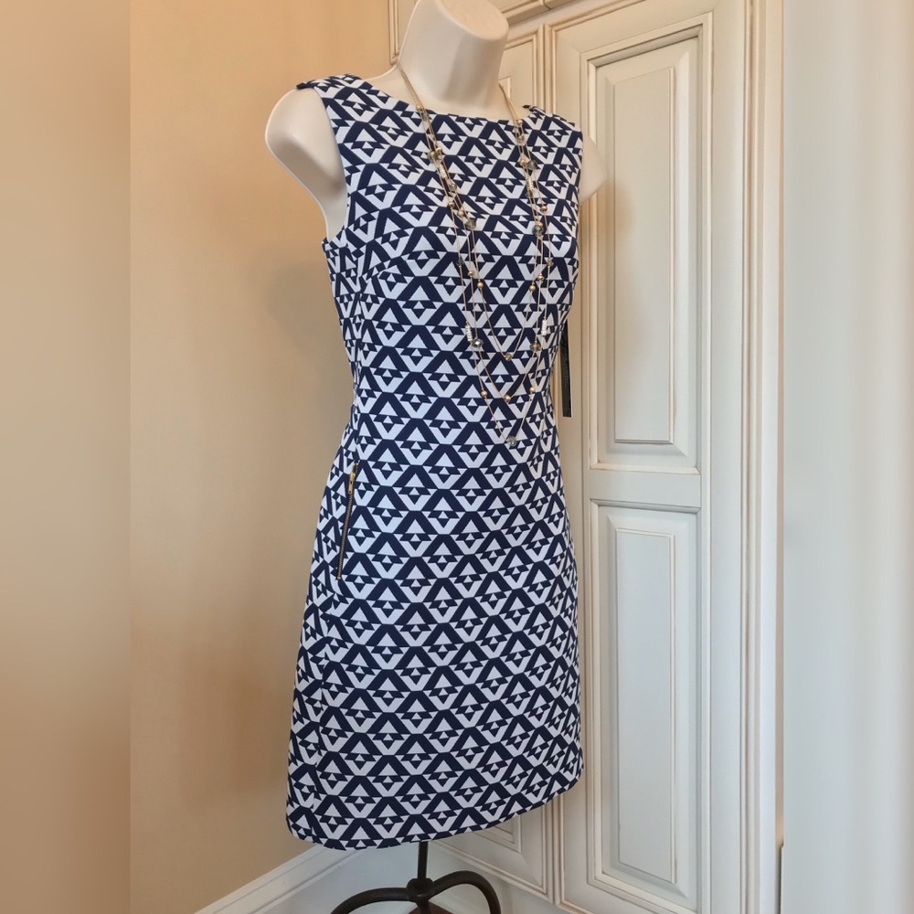 NEW Tahari Blue & White Sheath Dress Pockets - 2